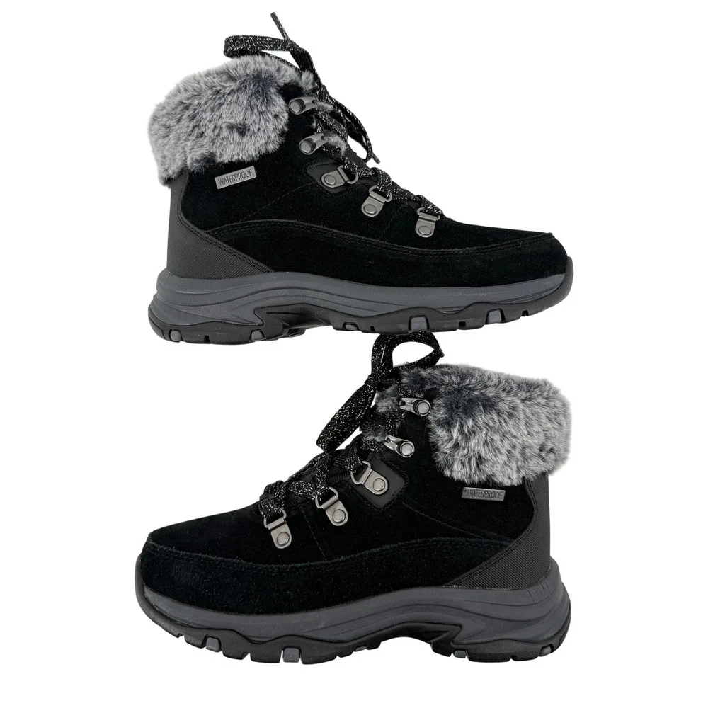 Skechers Trego Snow Worries Boots Black Suede Women 5 Waterproof Faux Fur Hiking